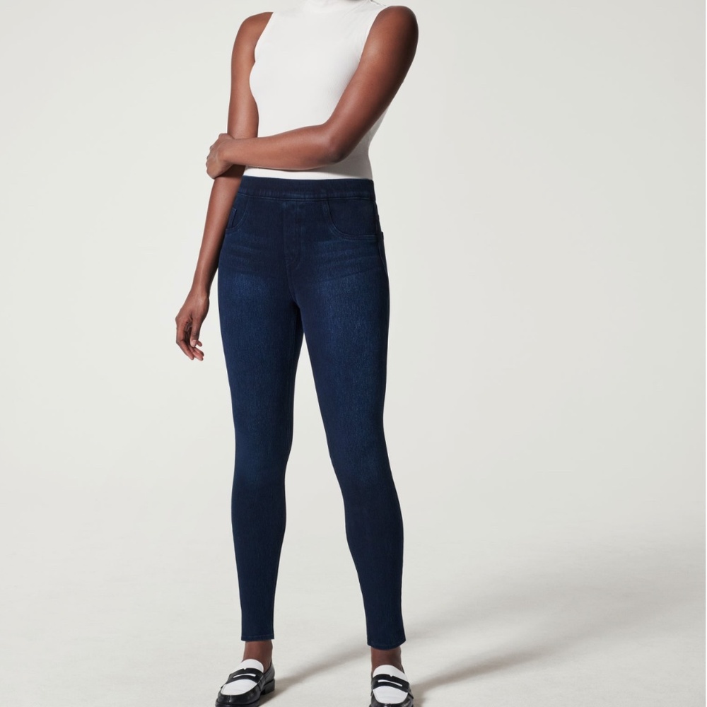Spanx Jeanish Ankle Leggings Large Blue Twilight Rinse Tummy Shaping Knit Pants.